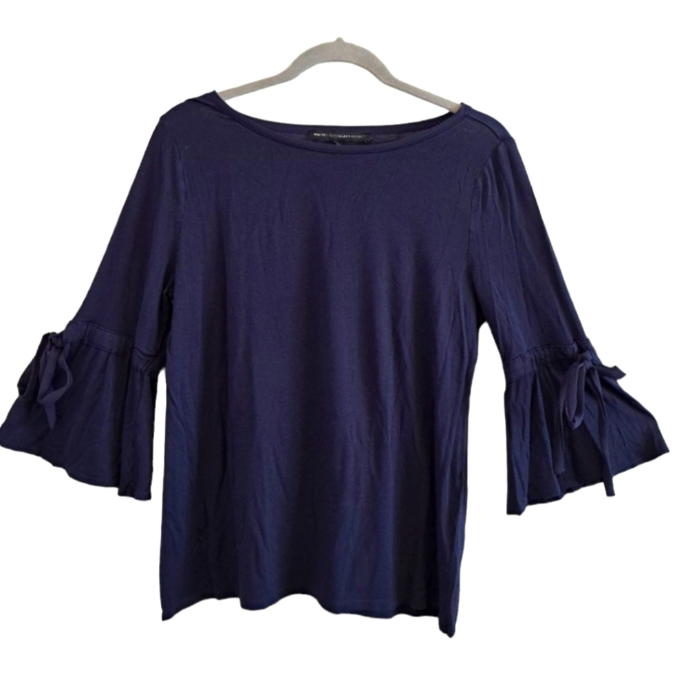 White House Black Market Blue Bell Sleeved Blouse with Ties Size Medium